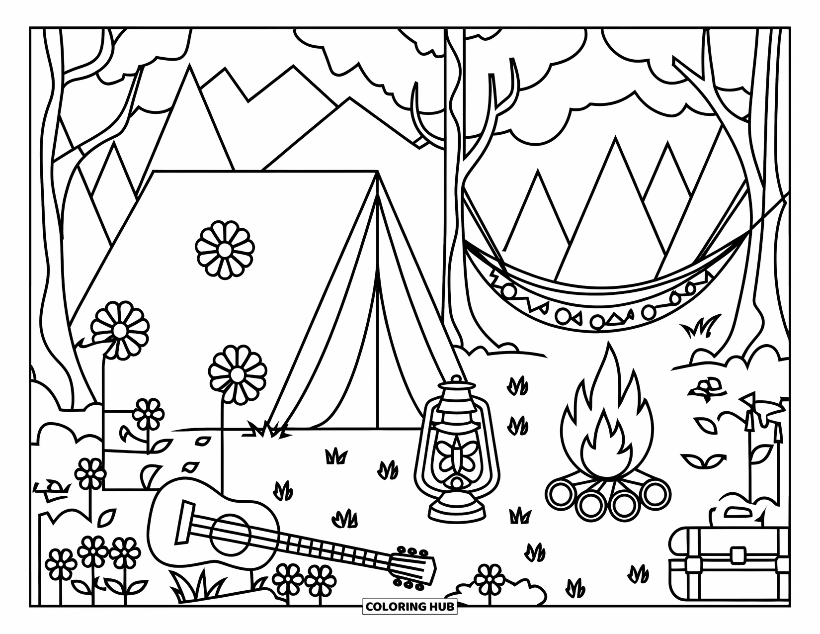 Hippie Kleurplaat voor Kinderen: Een gedetailleerde camping met een camper, tent, hangmat, bloemen en uitzicht op de bergen