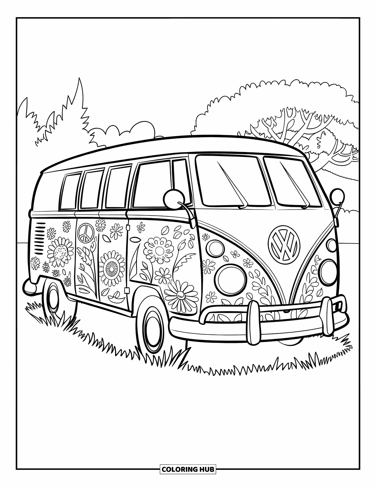 Hippie Kleurplaat voor Kinderen: Een met bloemen bedekte VW-bus staat op een grasveld met bomen eromheen