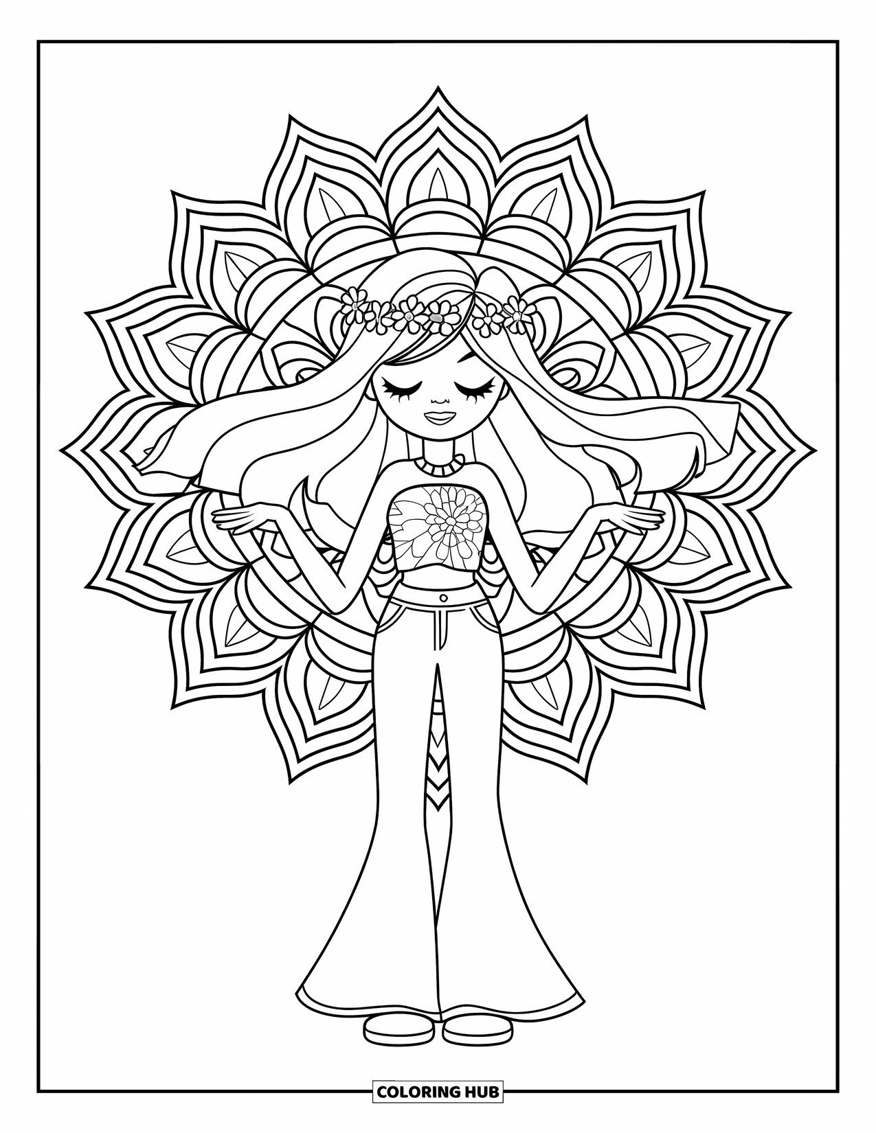 Hippie Kleurplaat voor Kinderen: Een hippie meisje met een bloemenkrans staat glimlachend met opgeheven armen voor een dromerige mandala