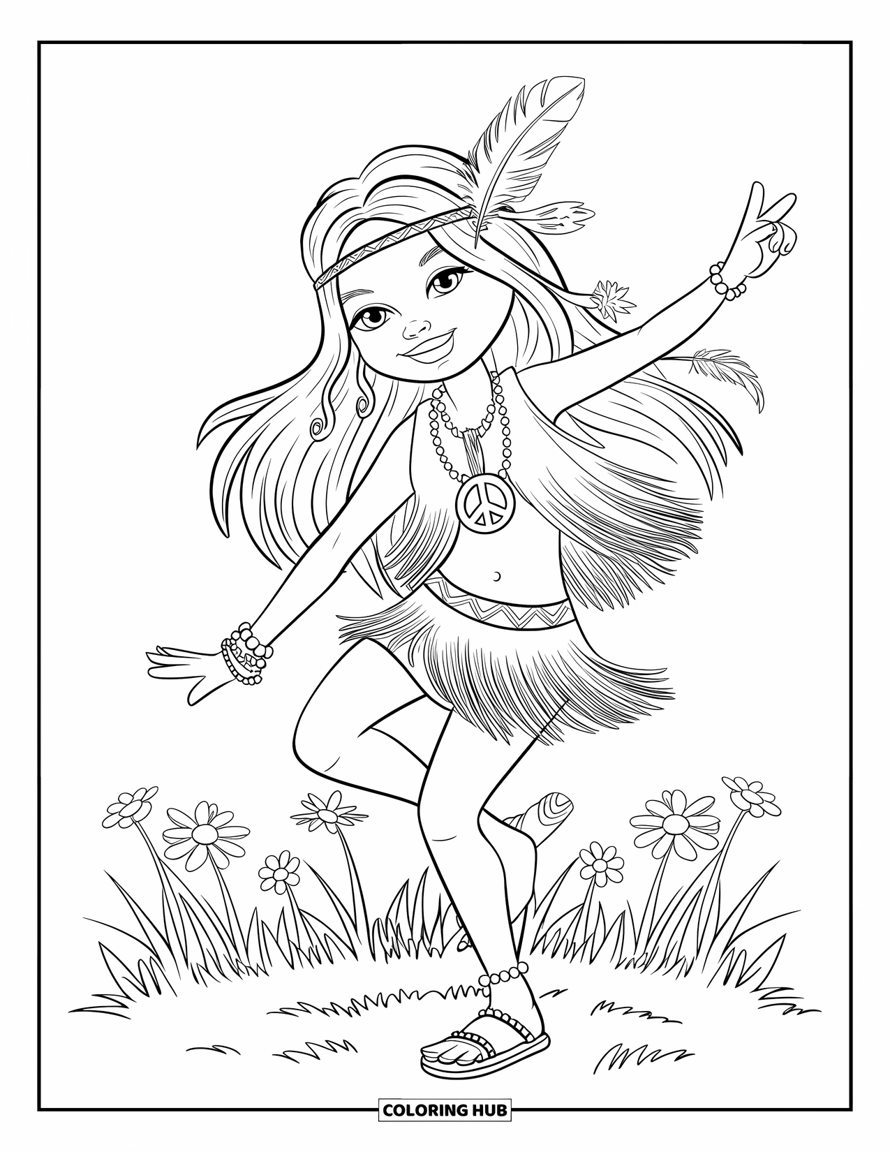 Hippie Kleurplaat voor Kinderen: Een vrijgevochten meisje met een veren hoofdband danst in een grasveld