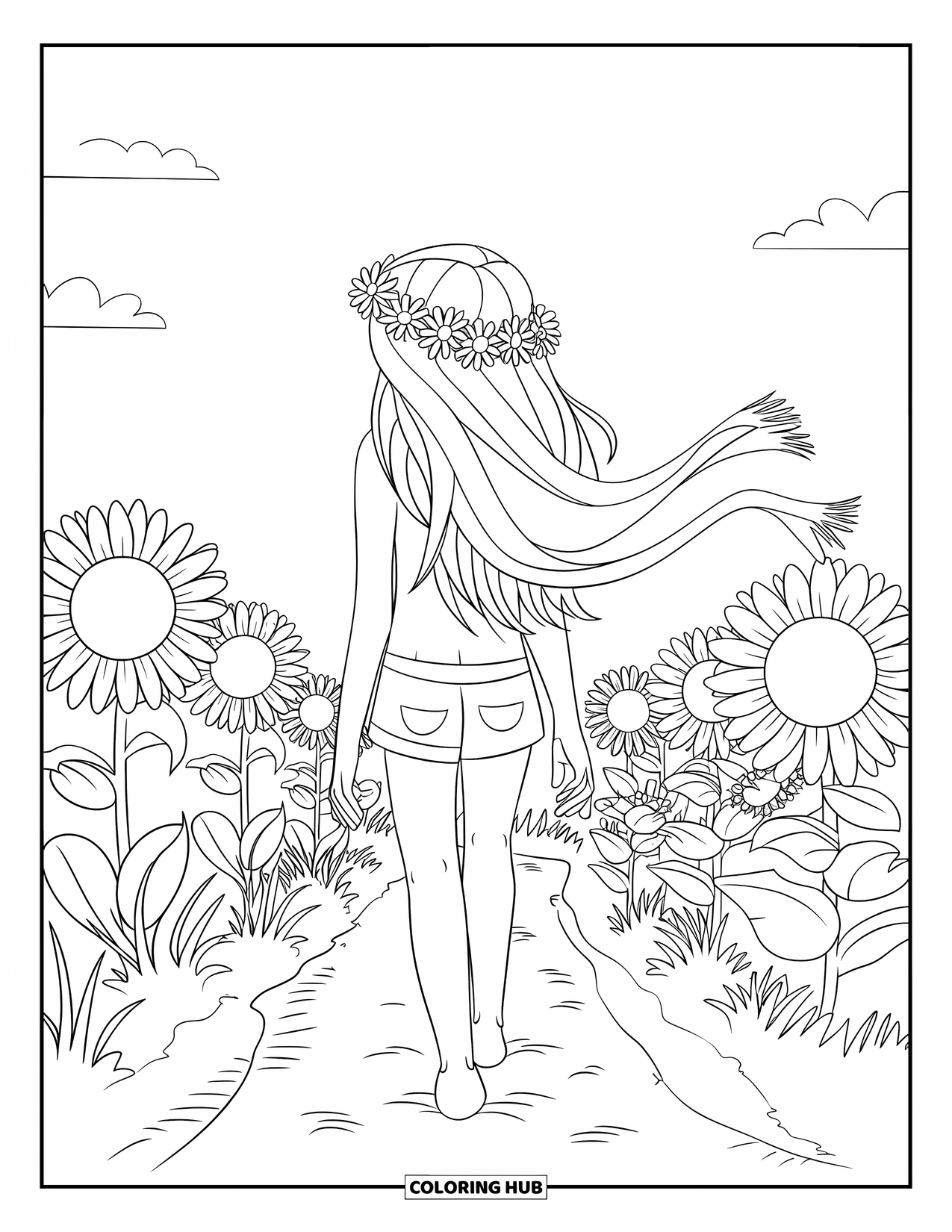 Hippie Kleurplaat voor Kinderen: Een meisje loopt blootsvoets door een zonnebloemenpad en geniet van de zonnige hemel