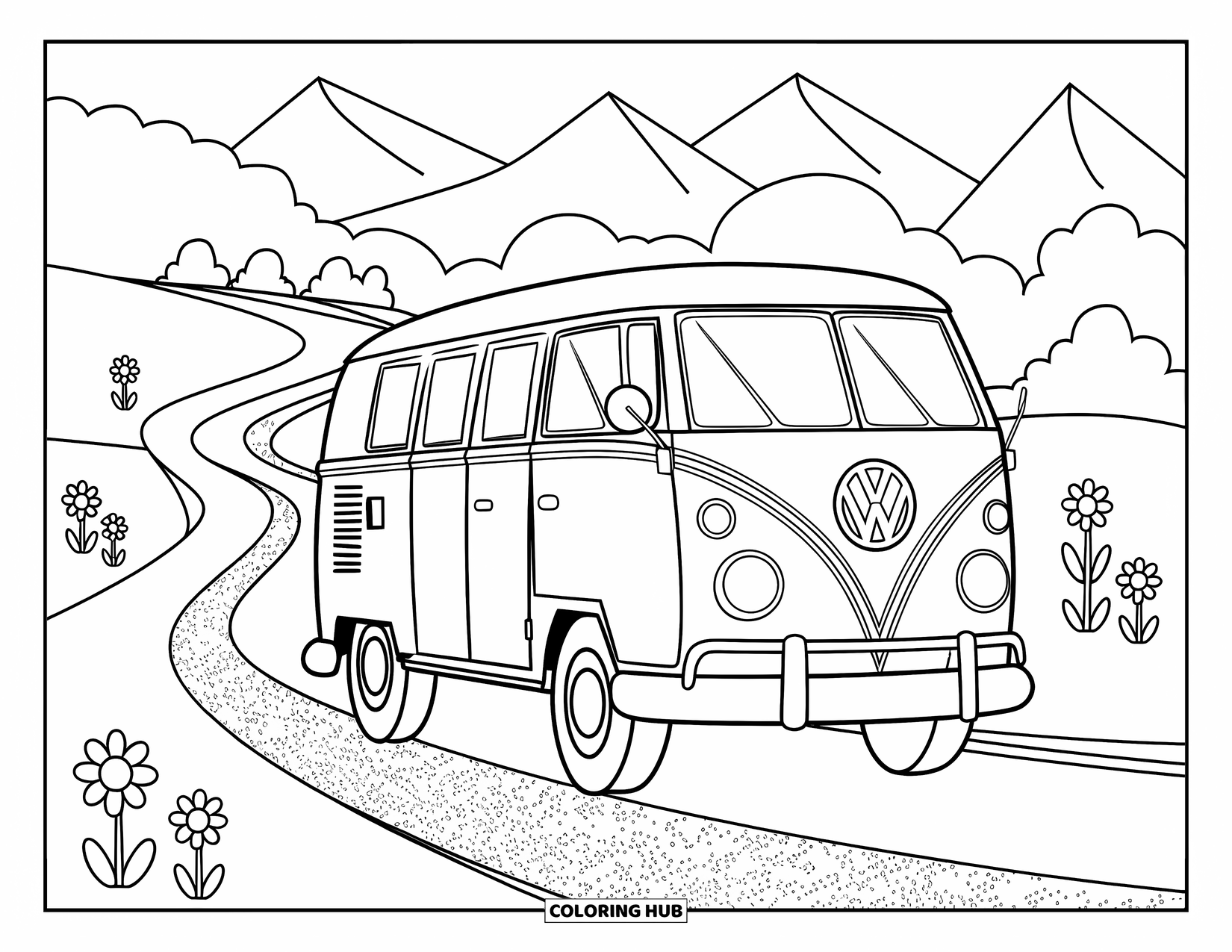 Hippie Kleurplaat voor Kinderen: Een groovy VW-bus rijdt over een bochtige weg en laat een spoor van bloemen achter