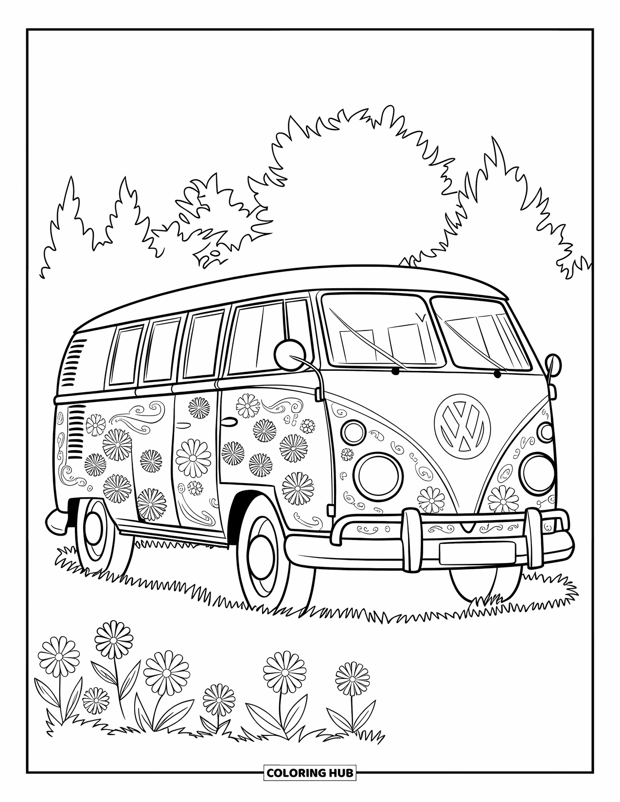 Hippie Kleurplaat voor Kinderen: Een groovy VW-bus bedekt met bloemen en vredestekens staat op een grasveld