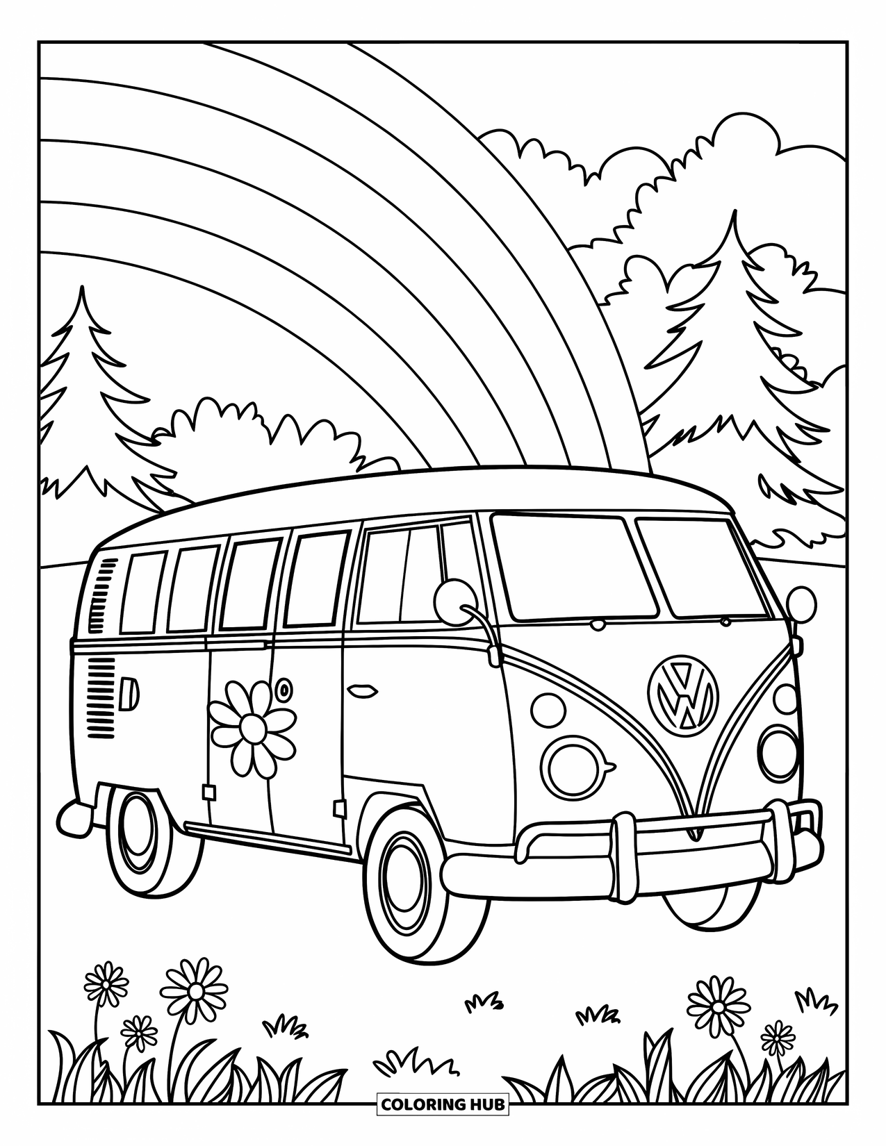 Hippie Kleurplaat voor Kinderen: Een vrolijke bus met een bloemmotief parkeert in een veld met een gedurfde regenboog erboven