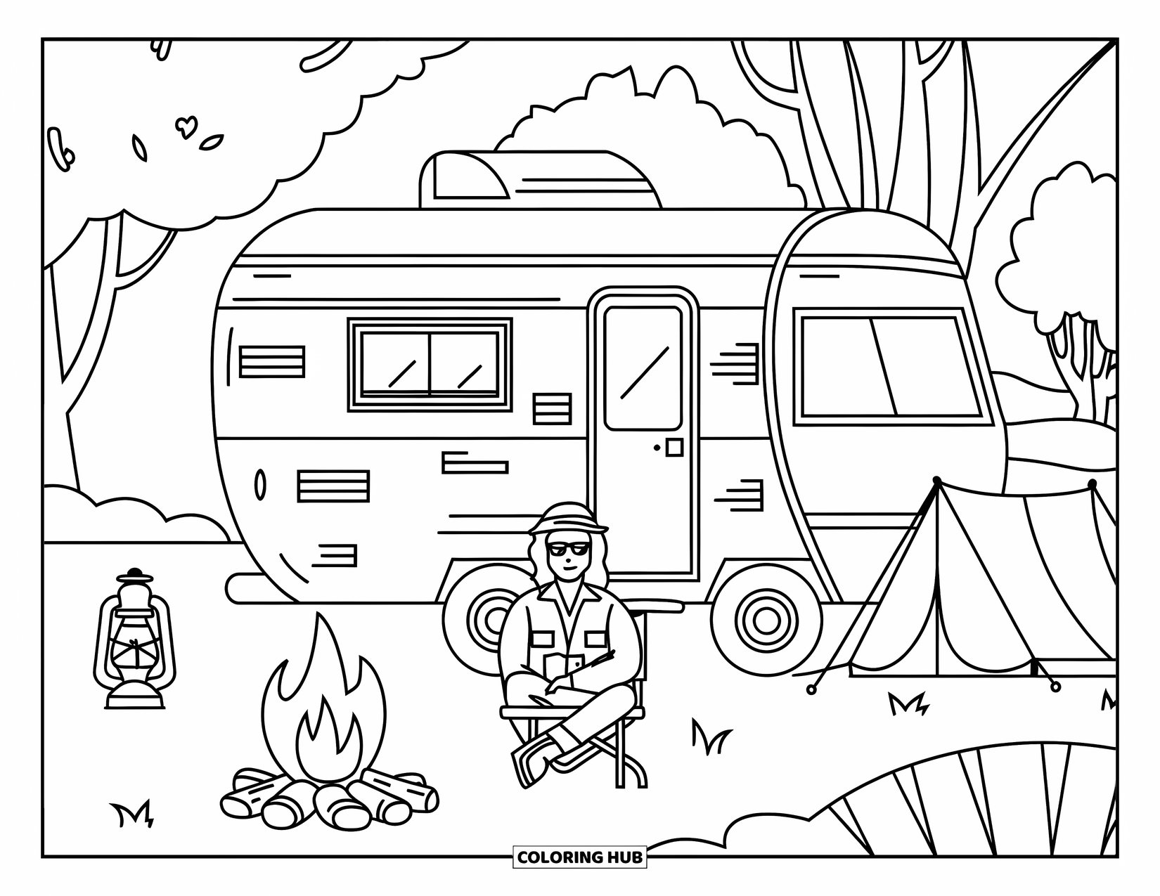Hippie Kleurplaat voor Kinderen: Een hippie camper staat geparkeerd bij bomen met een tent en kampvuur in de buurt
