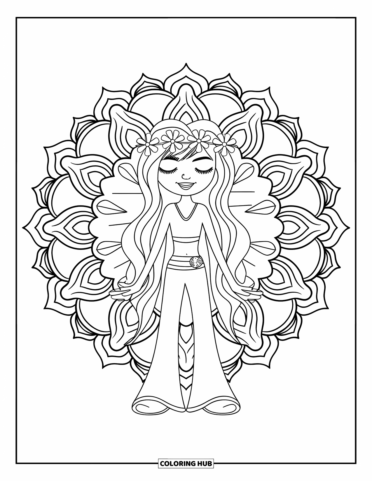 Hippie Kleurplaat voor Kinderen: Een hippie meisje met wijde pijpen en een bloemenkrans staat glimlachend voor een mandala