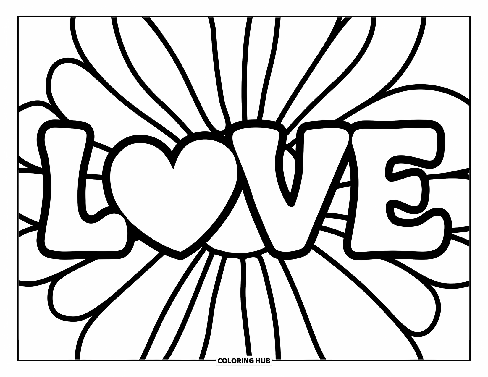 Hippie Kleurplaat voor Kinderen: Een grote bloem omarmt het woord 'LOVE' met een hart in het midden
