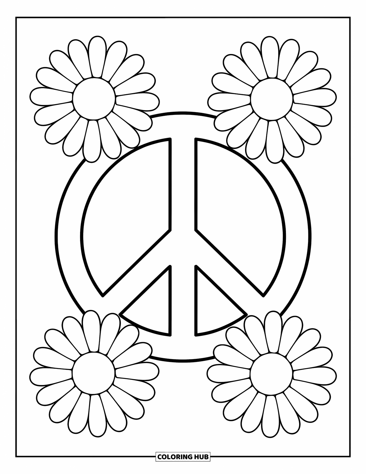 Hippie Kleurplaat voor Kinderen: Een vredesteken is omgeven door vijf grote madeliefjes in een leuk, vrolijk ontwerp