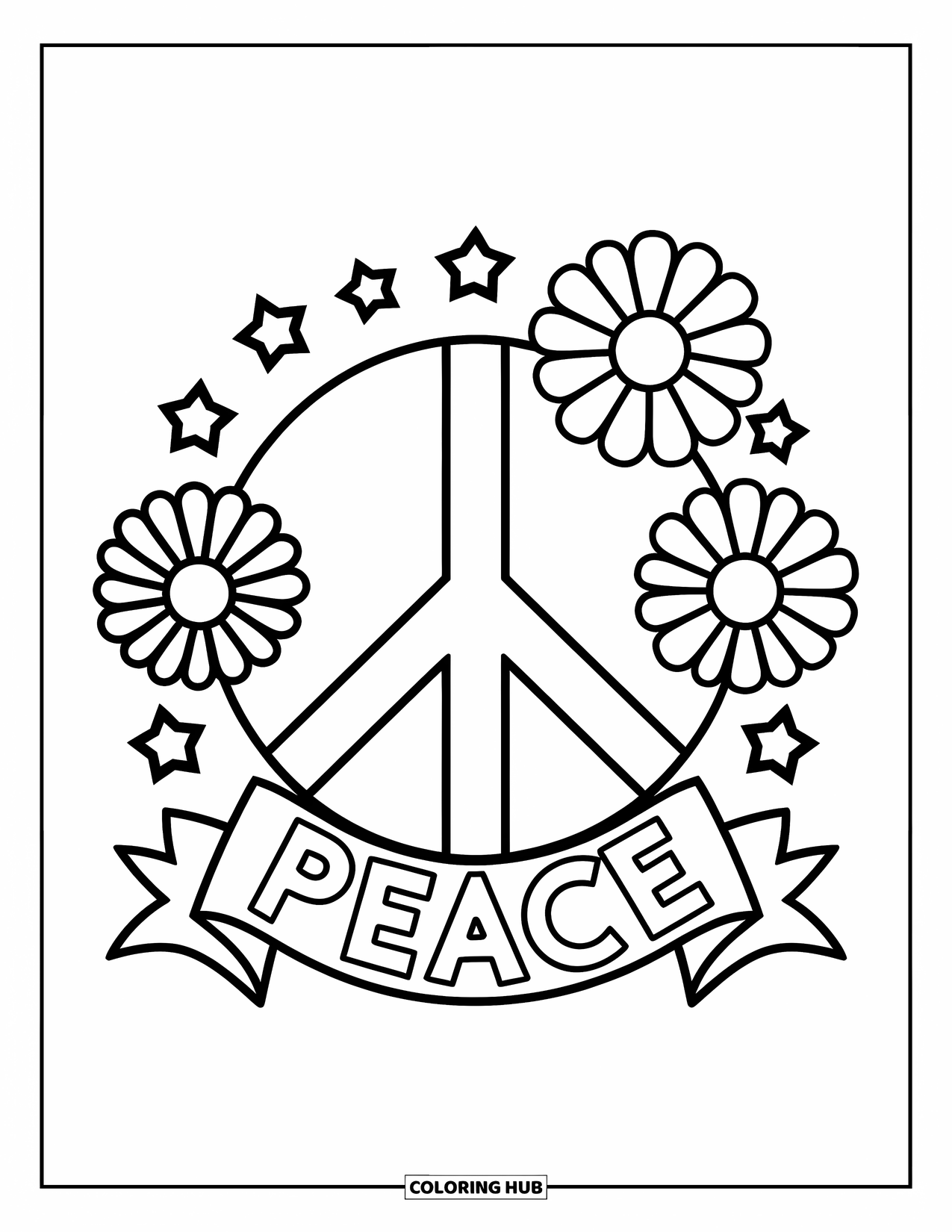 Hippie Kleurplaat voor Kinderen: Een vredesteken met madeliefjes en sterren staat boven een 'Peace'-banner in een vrolijke lay-out