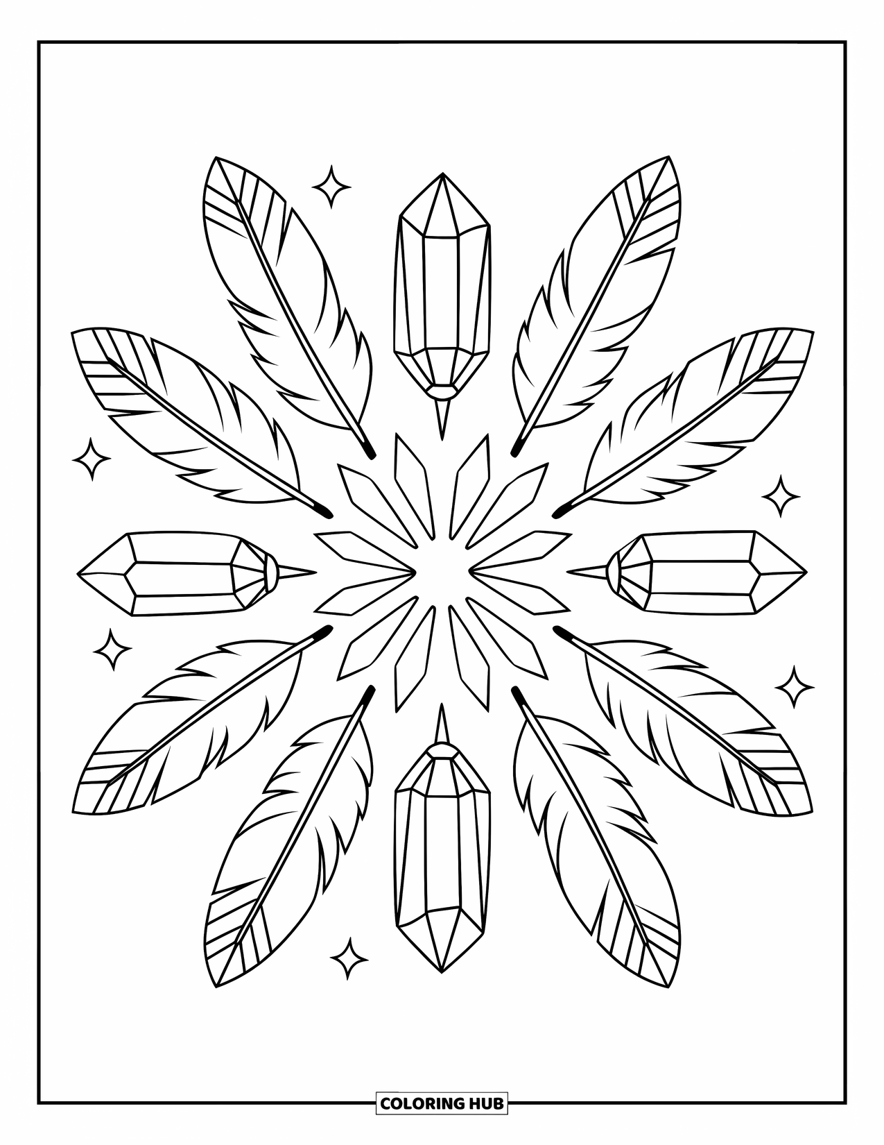 Hippie Kleurplaat voor Kinderen: Een vredige cirkel van kristallen en veren creëert een kalmerend boho-ontwerp