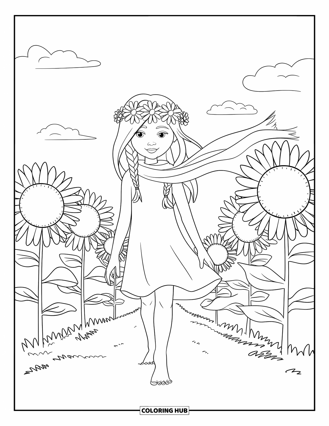 Hippie Kleurplaat voor Kinderen: Een vredig meisje met een sjaal en bloemenkrans loopt door gouden zonnebloemen