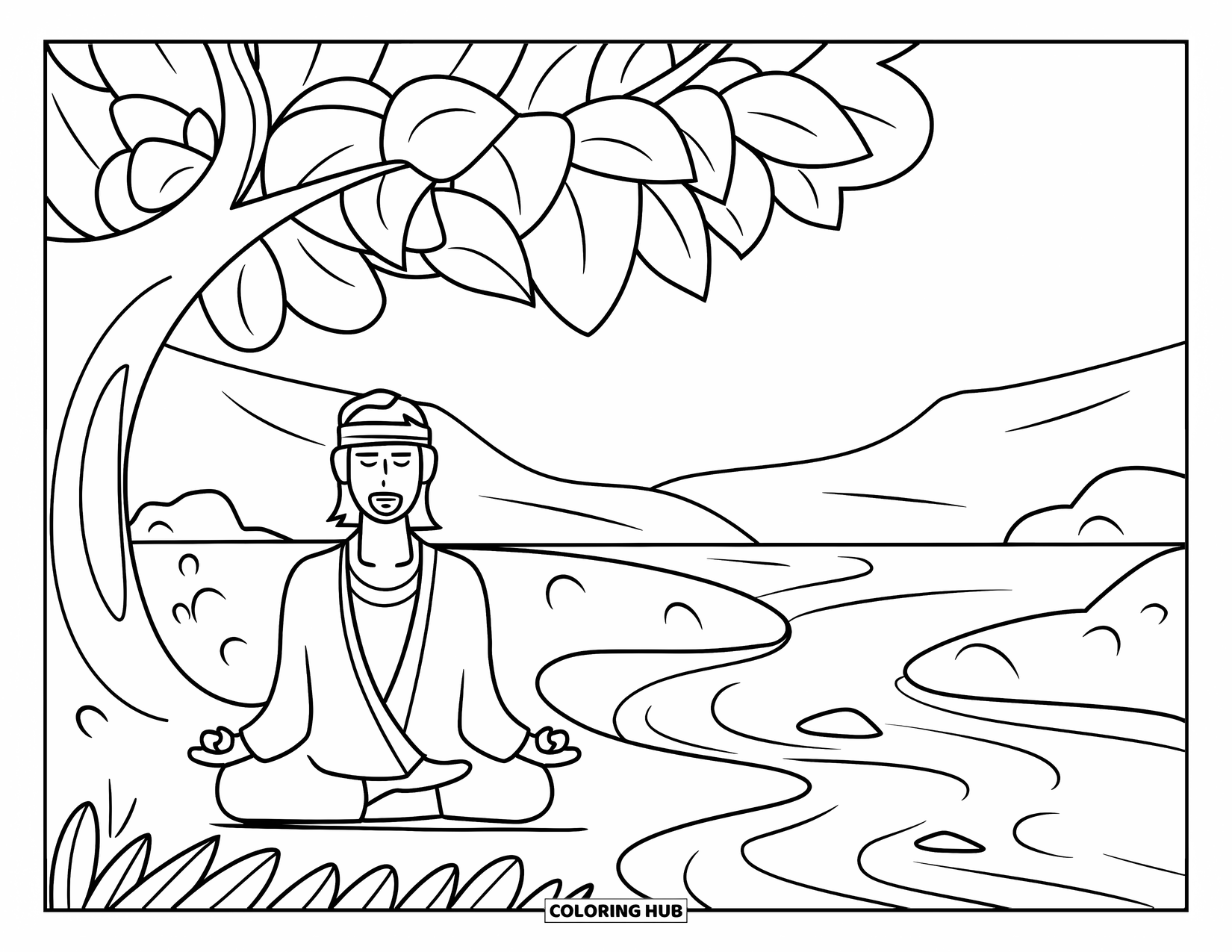 Hippie Kleurplaat voor Kinderen: Een vredige man in een gewaad mediteert bij een rivier onder een bladerrijke boom en een rustige hemel