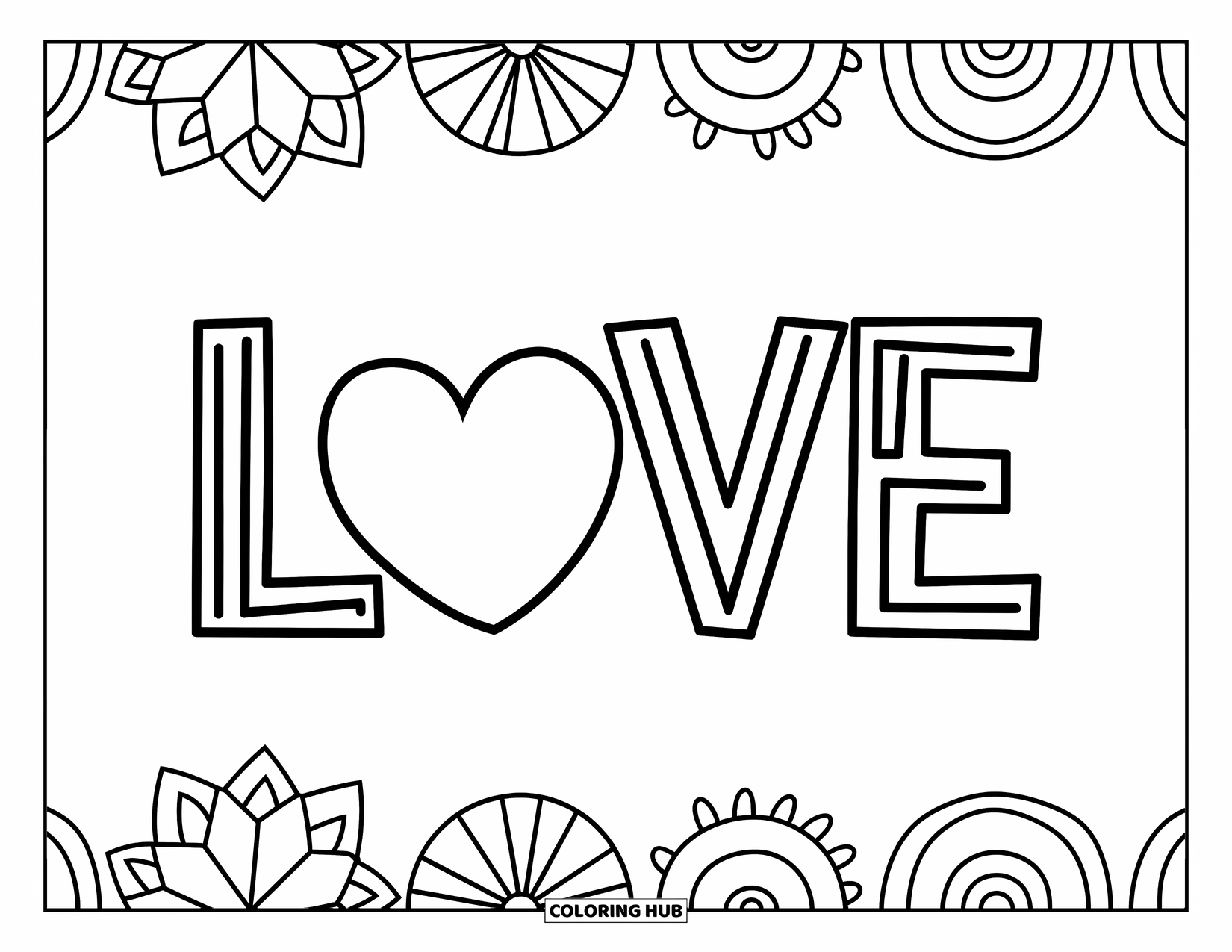 Hippie Kleurplaat voor Kinderen: Een speels 'LOVE'-ontwerp met een hart en eenvoudige vrolijke vormen