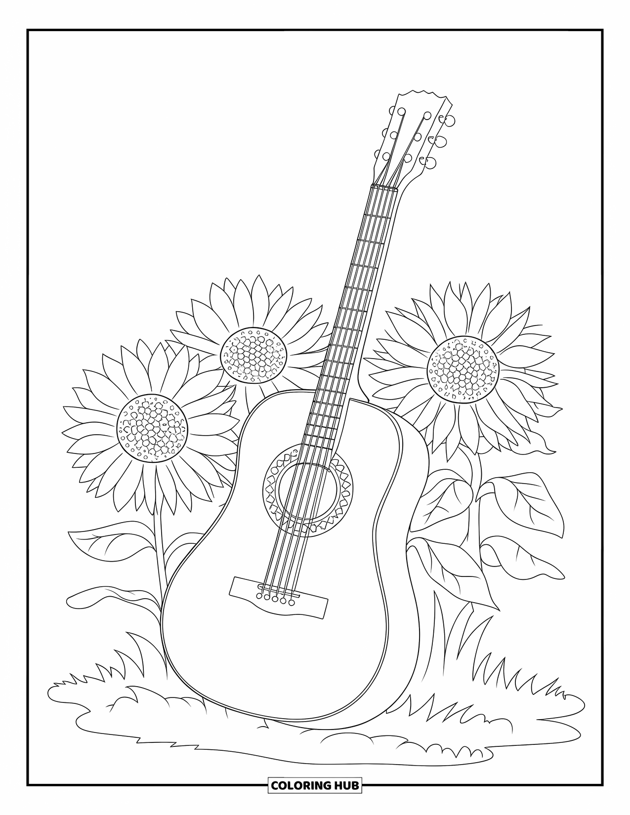 Hippie Kleurplaat voor Kinderen: Een rustieke gitaar met patronen leunt op zonnebloemen met een paar bladeren op de grond