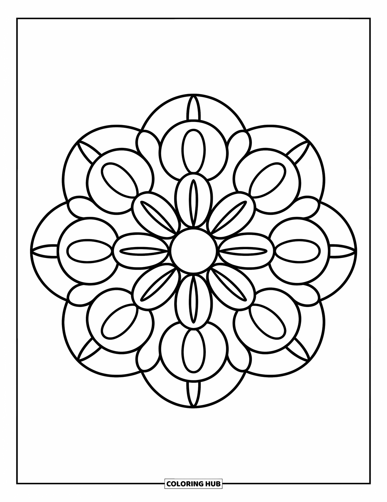 Hippie Kleurplaat voor Kinderen: Een eenvoudige mandala met ronde vormen en bloemblaadjes die leuk en gemakkelijk in te kleuren is