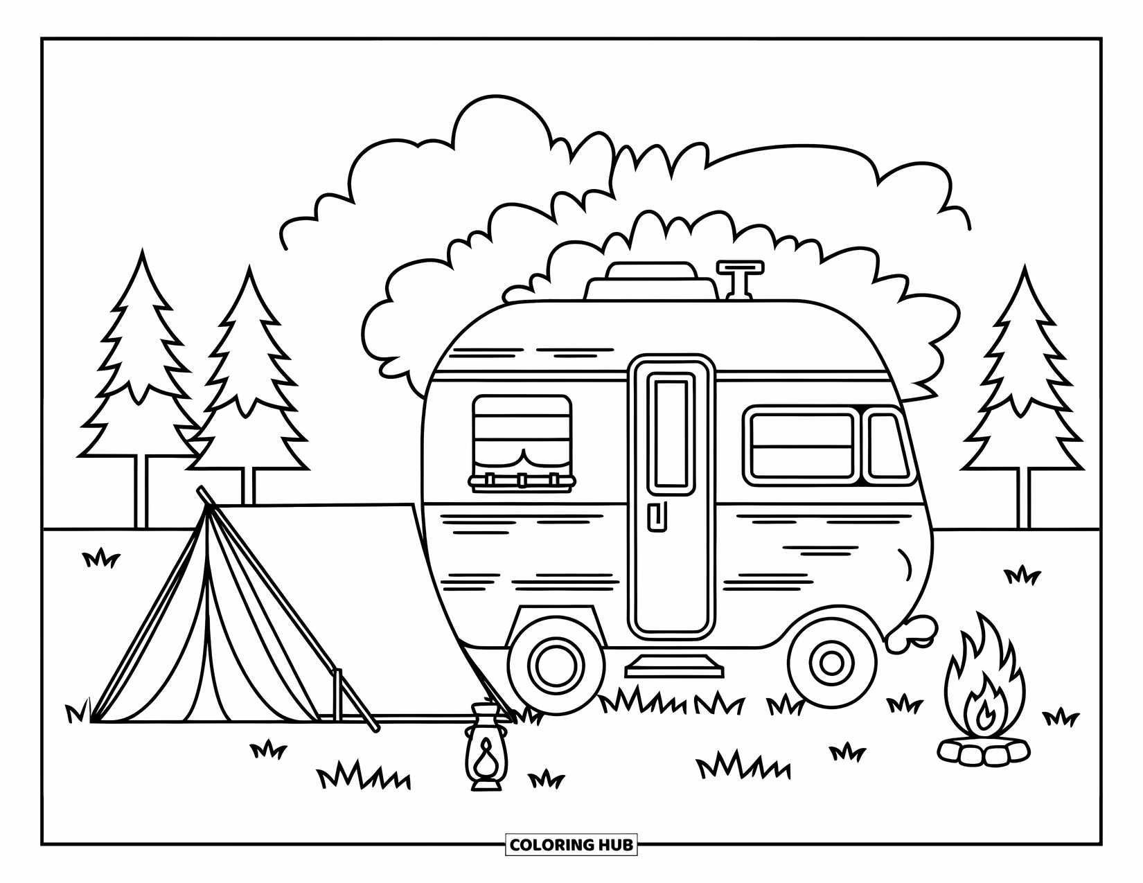Hippie Kleurplaat voor Kinderen: Een kleine camping met een camper, tent en kampvuur zit vredig in de natuur