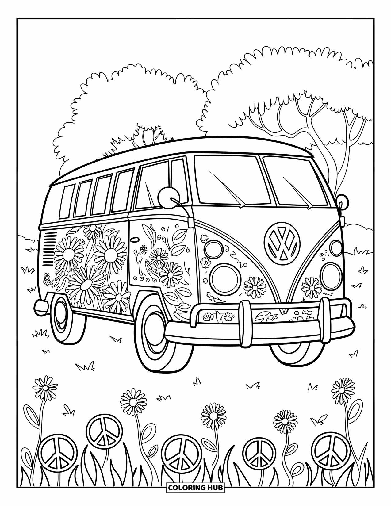 Hippie Kleurplaat voor Kinderen: Een gestileerde VW-bus met bloemmotieven staat geparkeerd op een vredig, grasrijk pad