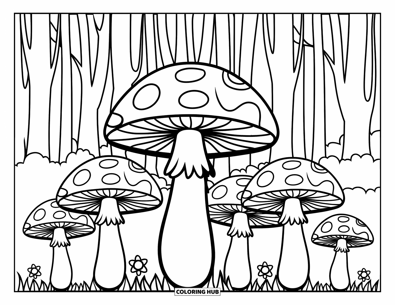 Hippie Kleurplaat voor Kinderen: Kleurrijke paddenstoelen met gedurfde ontwerpen staan op een vredige open plek in het bos