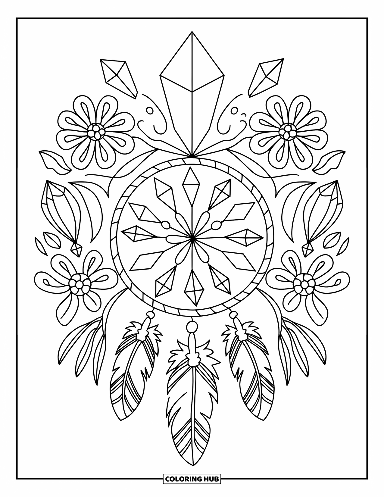 Hippie Kleurplaat voor Kinderen: Kristallen, veren en bloemen vormen een dromerig cirkelvormig boho-patroon