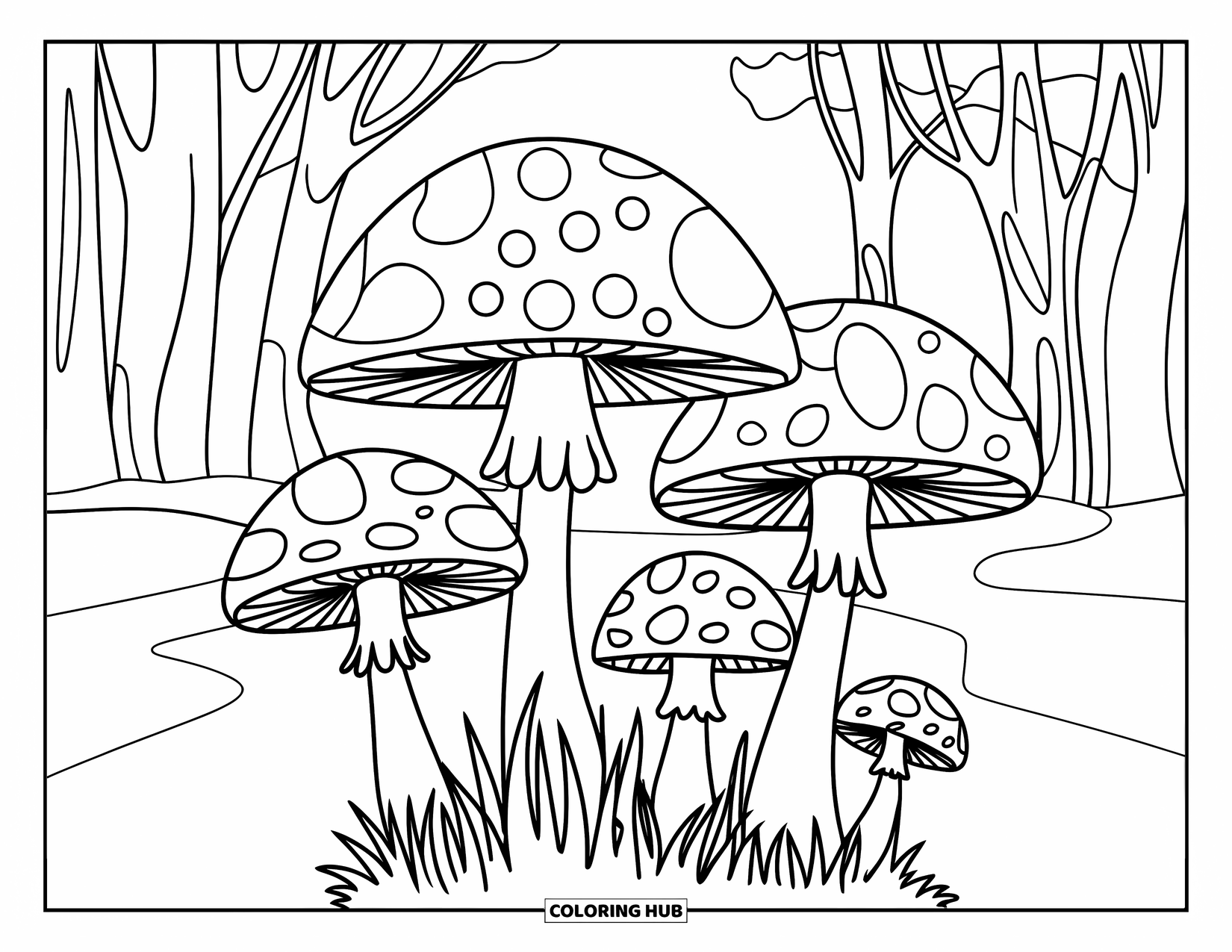 Hippie Kleurplaat voor Kinderen: Vijf trippy paddenstoelen met wilde patronen groeien langs een rustig bospad
