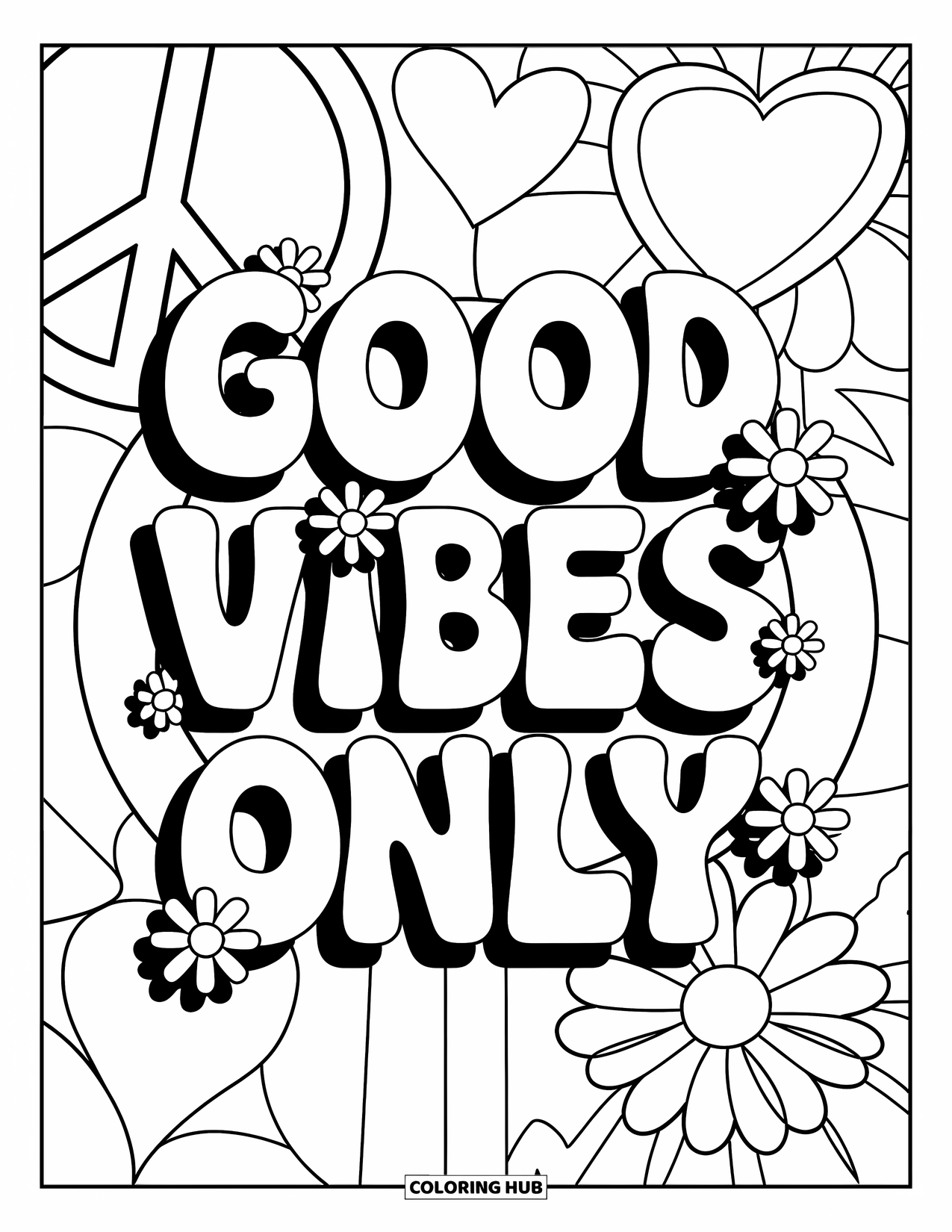 Hippie Kleurplaat voor Kinderen: "Good Vibes Only" valt op met wervelingen, madeliefjes, vredestekens en harten