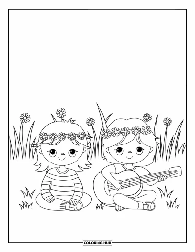 Hippie kifestő gyerekeknek: Virágkoszorús gyerekek lazítanak egy füves réten, miközben gitároznak