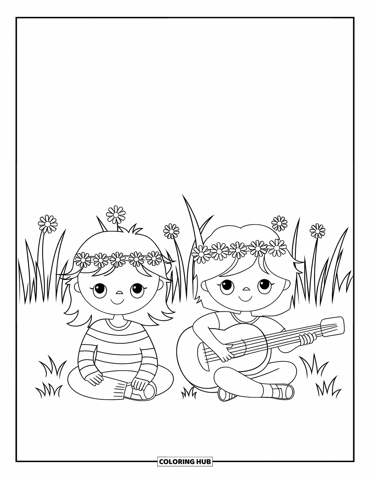 Hippie Kleurplaat voor Kinderen: Kinderen met bloemenkransen ontspannen in een grasveld terwijl ze gitaar spelen