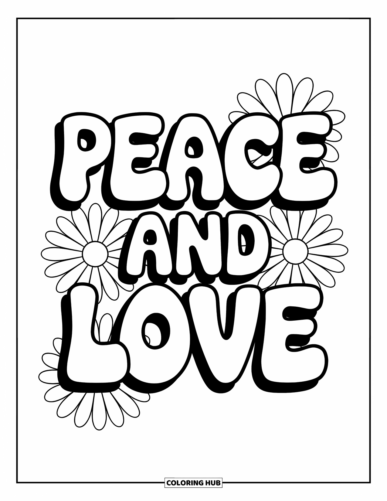Hippie Kleurplaat voor Kinderen: 'Peace and Love' valt op in gedurfde letters, omgeven door vrolijke madeliefjes