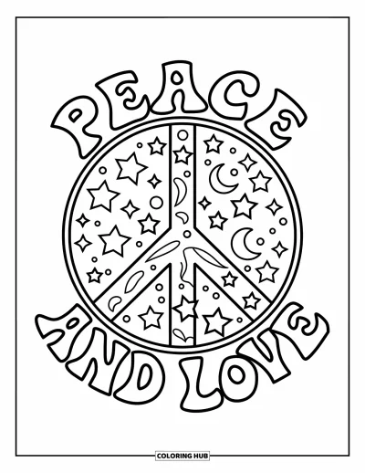 Hippie kifestő gyerekeknek: A "Peace and Love" felirat öleli körül a csillagokkal teli varázslatosa békeszimbólumot
