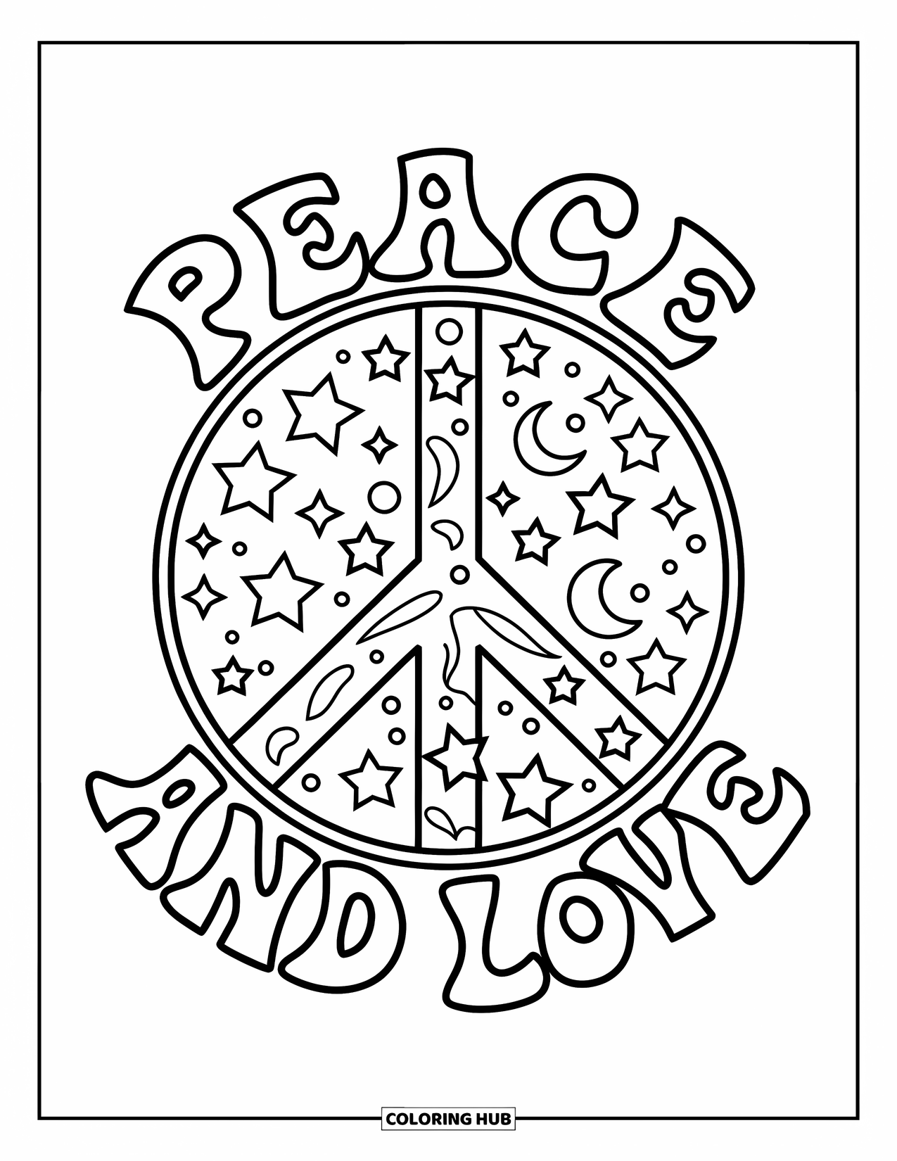 Hippie Kleurplaat voor Kinderen: 'Peace and Love' wikkelt zich rond een magisch vredesteken gevuld met sterren