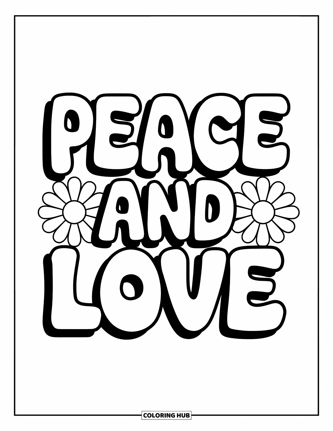 Hippie Kleurplaat voor Kinderen: Retro bubbelletters spellen 'Peace and Love', met speelse madeliefjes eromheen