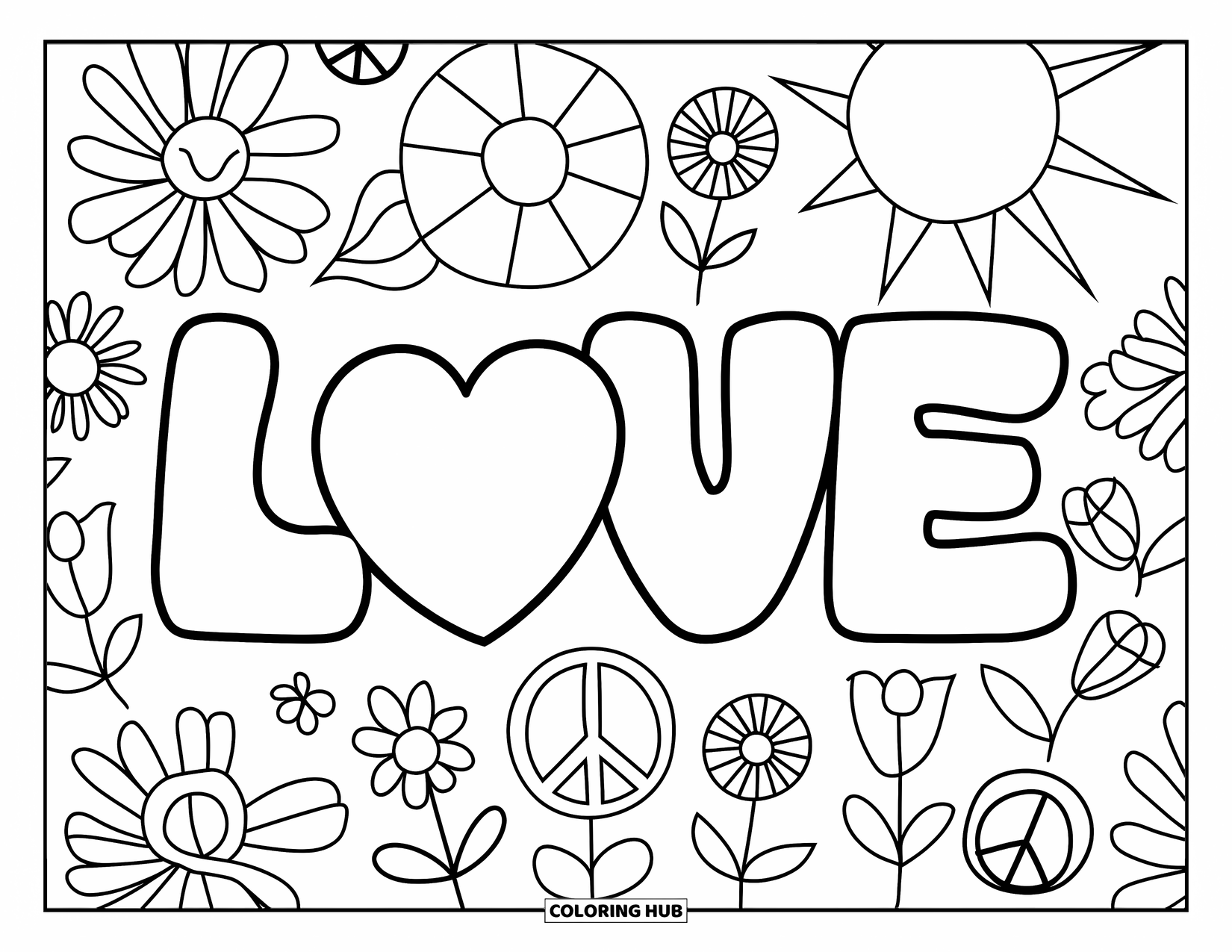 Hippie Kleurplaat voor Kinderen: Het woord 'LOVE' straalt met een hart in plaats van de 'O' en leuke vormen