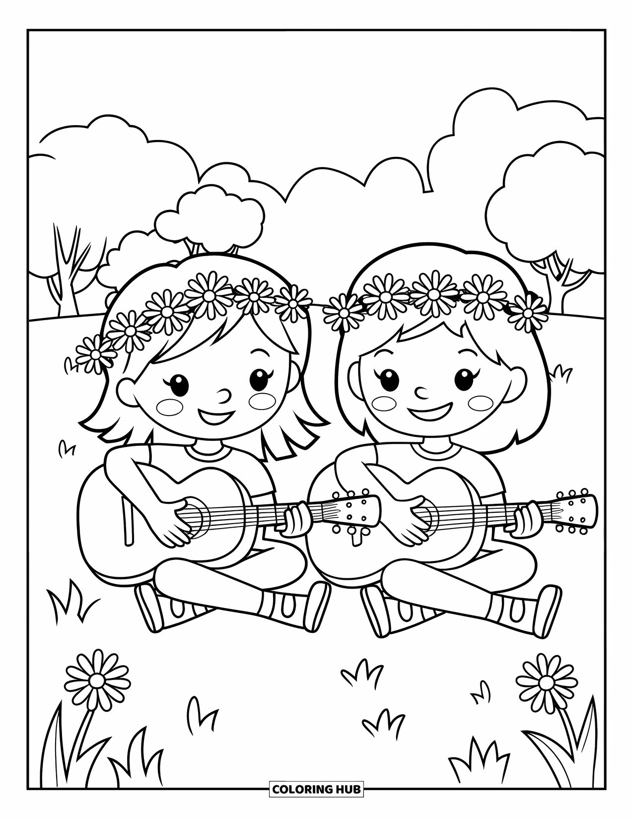 Hippie Kleurplaat voor Kinderen: Twee kinderen met bloemenkransen zitten samen in een veld gitaar te spelen