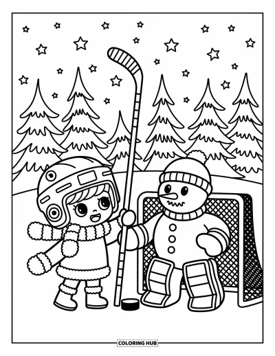 Coloriage de hockey pour adultes : Un enfant chibi bien emmitouflé tient une grande crosse près d'un bonhomme de neige souriant en tenue de gardien dans un décor enneigé