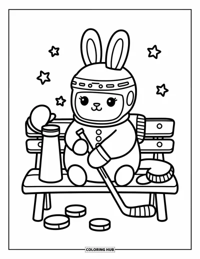 Coloriage de hockey pour adultes : Un lapin en casque de hockey est assis sur un banc avec de petites rondelles et des étoiles espièles à proximité