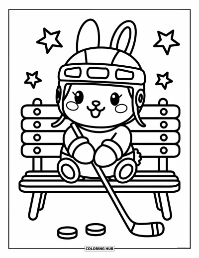 Coloriage de hockey pour adultes : Un lapin avec un grand casque et des moufles est assis sur un banc pendant que de petites rondelles roulent
