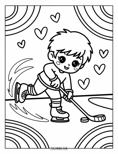 Coloriage de hockey pour adultes : Un garçon chibi équilibre une rondelle en patinant en cercles avec des traînées de cœurs et de doux tourbillons