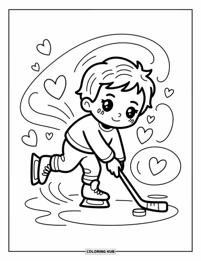Coloriage de hockey pour adultes : Un garçon chibi patine joyeusement avec une rondelle, laissant des traînées de cœurs et de doux tourbillons autour de lui