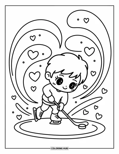 Coloriage de hockey pour adultes : Un garçon chibi patine en cercles en équilibrant une rondelle, suivi de tourbillons en forme de cœur