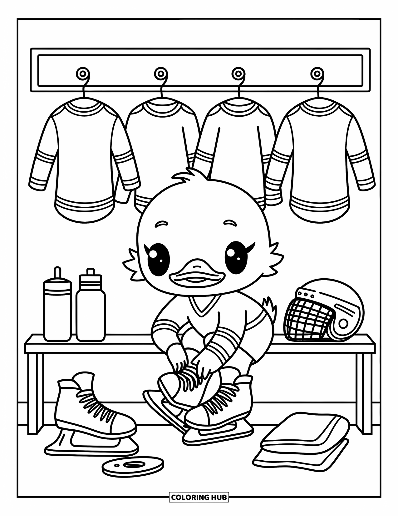 Hockey Coloring Page for Adults: A chibi duck adjusts oversized skates on a bench with jerseys and gear in a cozy locker room