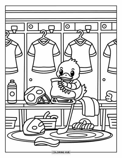 Coloriage de hockey pour adultes : Un canard chibi se prépare dans un vestiaire rempli de des maillots, d'équipements et de détails amusants