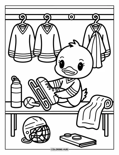 Coloriage de hockey pour adultes : Un canard chibi lace ses patins dans un vestiaire douillet rempli de des maillots et du petit équipement