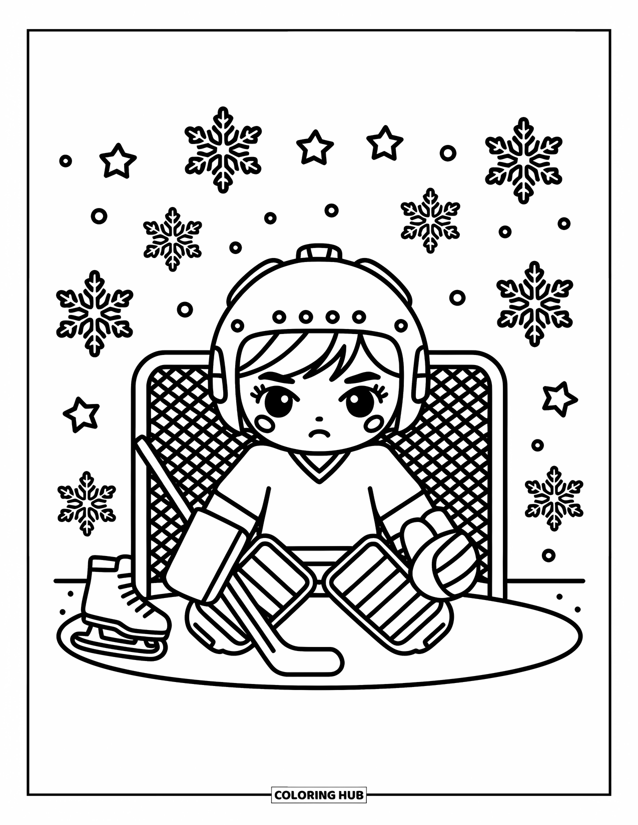 Hockey Coloring Page for Adults: A chibi goalie with padded gloves guards a tiny net with snowflakes and floating stars