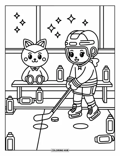 Coloriage de hockey pour adultes : Un joueur de hockey chibi passe la rondelle à son plus jeune frère ou sœur sur une patinoire d'entraînement accueillante