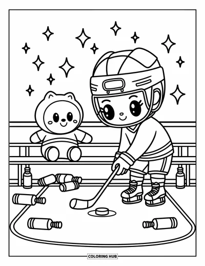 Coloriage de hockey pour adultes : Un joueur de hockey chibi passe la rondelle pendant qu'une peluche mascotte est assise joyeusement sur le banc