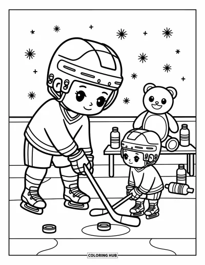 Coloriage de hockey pour adultes : Un joueur de hockey chibi partage la rondelle avec son frère ou sœur sur une petite patinoire d'entraînement ludique