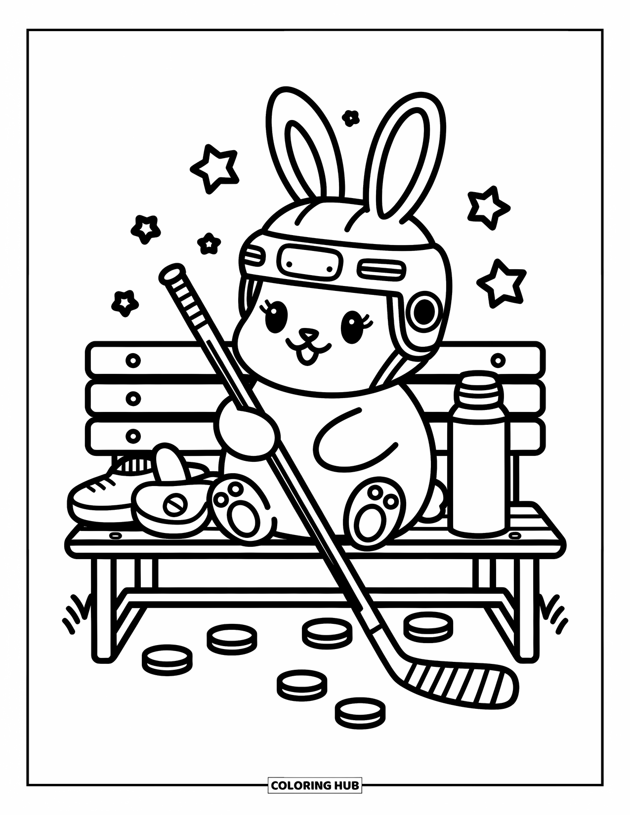 Hockey Coloring Page for Adults: A chubby bunny holding a short stick sits beside mittens and a thermos with stars around