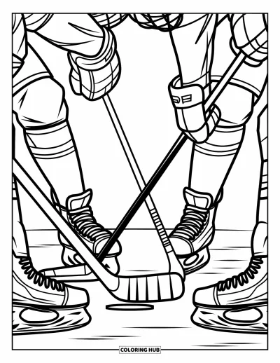 Coloriage de hockey pour adultes : Un gros plan de mise en jeu capture des expressions vives et des angles de crosse précis dans une scène à motifs