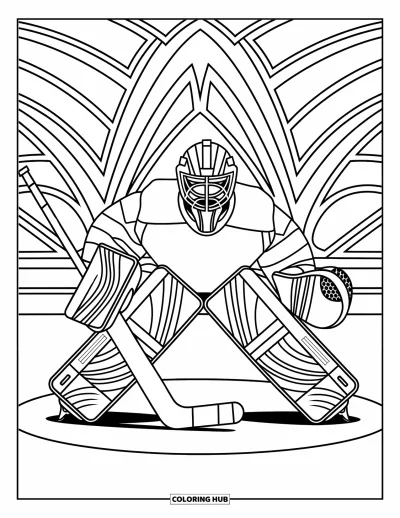 Coloriage de hockey pour adultes : Un gardien accroupi en équipement à motifs est encadré de lignes tourbillonnantes et de bordures géométriques