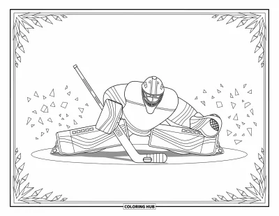 Coloriage de hockey pour adultes : Un arrêt spectaculaire de gardien se déroule avec des motifs de glace tourbillonnants et des reflets de cristaux en arrière-plan